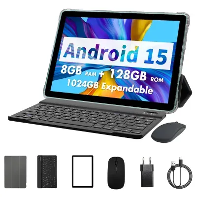 PRITOM Android 15 Tablet 10 Zoll, 8 GB (4+4 erweiterbar) RAM + 128 GB ROM, Octa-Core-Prozessor, Unterstützung 5G WiFi, mit Tastatur, Maus, Hülle