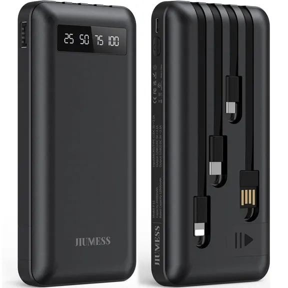 JIUMESS 20000mAh Power Bank Portable Charger with Cables Compatible for iPhone, Android Cell Phone