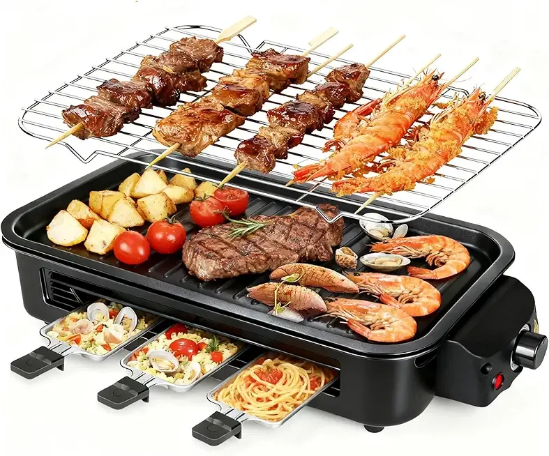 2 in 1 Electric Indoor Grill 1500W - YOHAWJAN Black Smokeless Indoor Grill Pan with Grilling Net & Non-Stick Removable Griddle Plate, Temperature Control Korean BBQ Grill for Kitchen with 3 Cheese Pan