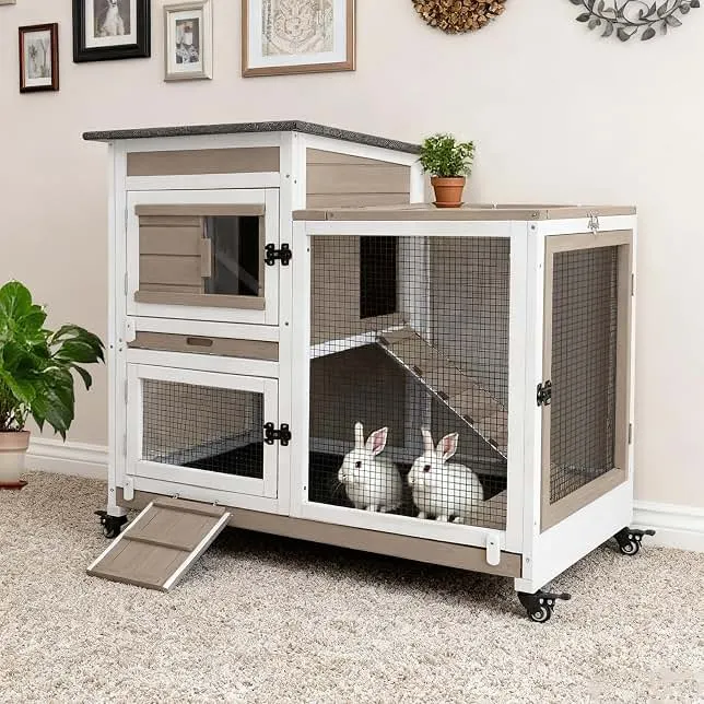 Gowoodhut 40" L Rabbit Hutch Indoor Wooden Bunny Hutch Outdoor 2 Story Rabbit Cage on Metal Wheels with Run and 2 Deeper Pull Out Trays G…