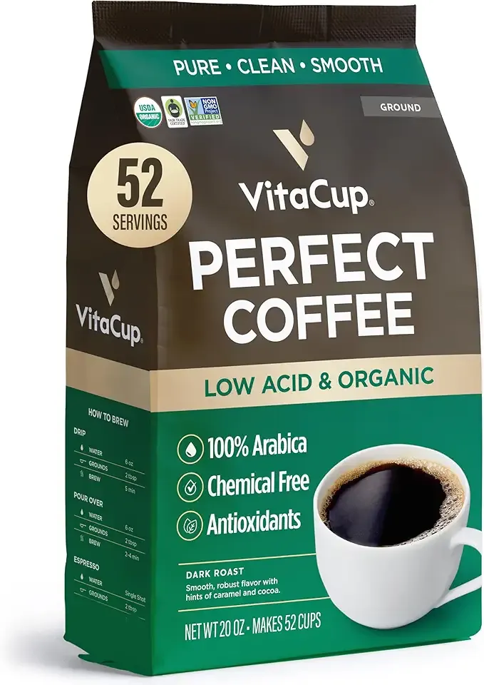 VitaCup Perfect Low Acid Coffee Ground, USDA Organic & Fair Trade, Mycotoxin Free, Dark Roast Guatemala Single Origin, Clean & Pure, 20 ounces, 52 Servings