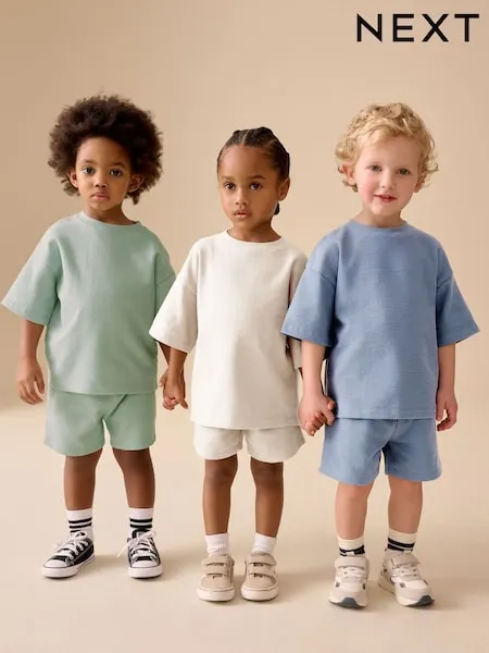 Blue/Green/Neutral Textured Short Sleeve T-Shirt and Shorts Set 3 Pack (3mths-7yrs)