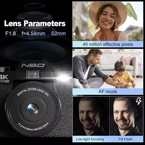 Digital Cameras for Photography,48MP NBD 4K Digital Cameras for Photography,48MP Camera,Travel Vlogging Cameras with 16X Digital Zoom,180°Flip Screen,52mm Macro Lens