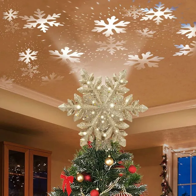 Adorno para árbol de Navidad de 24cm con proyector de copo de nieve, copo de nieve mágico giratorio Led, adorno de Navidad con purpurina hueca 3D
