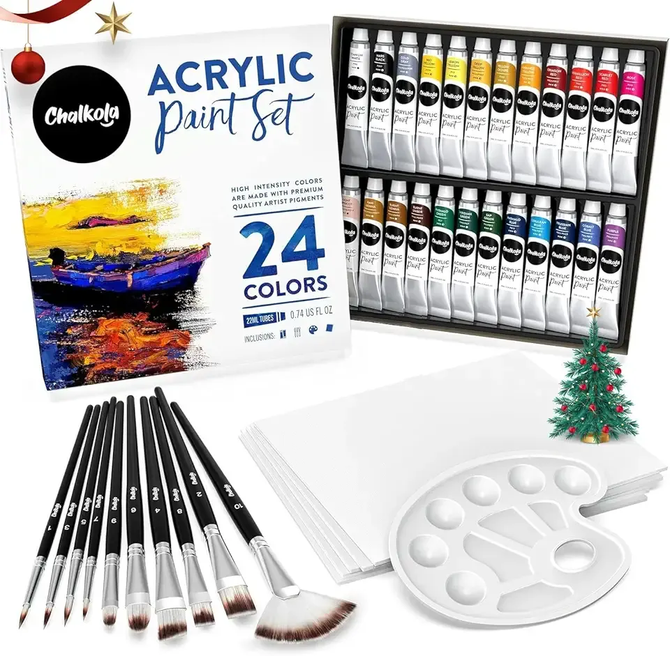 Chalkola 40 Acrylic Paint Set for Adults & Kids with 24 Acrylic Paints kit (22ml), 10 Painting Brushes, 5 Canvas for Painting (8x10) & 1 Palette