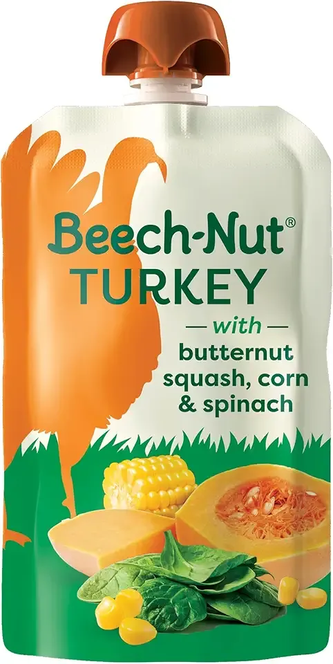 Beech-Nut Turkey Baby Food Pouches with 4g of Protein, Turkey Butternut Squash Corn & Spinach, Baby Puree Meat Baby Food Pouch, Stage 2, 3.5 oz Pouch (12 Pack)