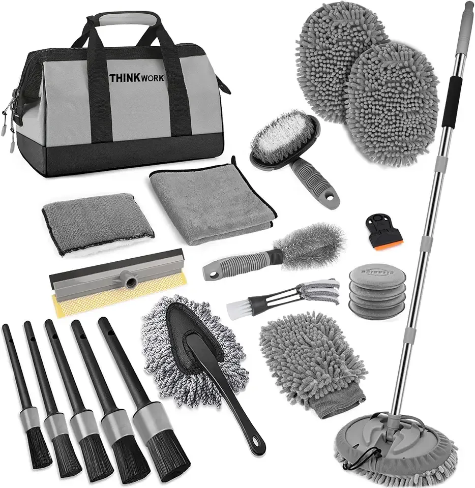 THINKWORK Car Wash Kit, Car Washing Brush with Long Handle, Extendable Car Wash Brush Mop with 2-in-1 Windshield Squeegee and 9Pcs Detailing Brush, Gray Car Detailing Kit Gift for Men