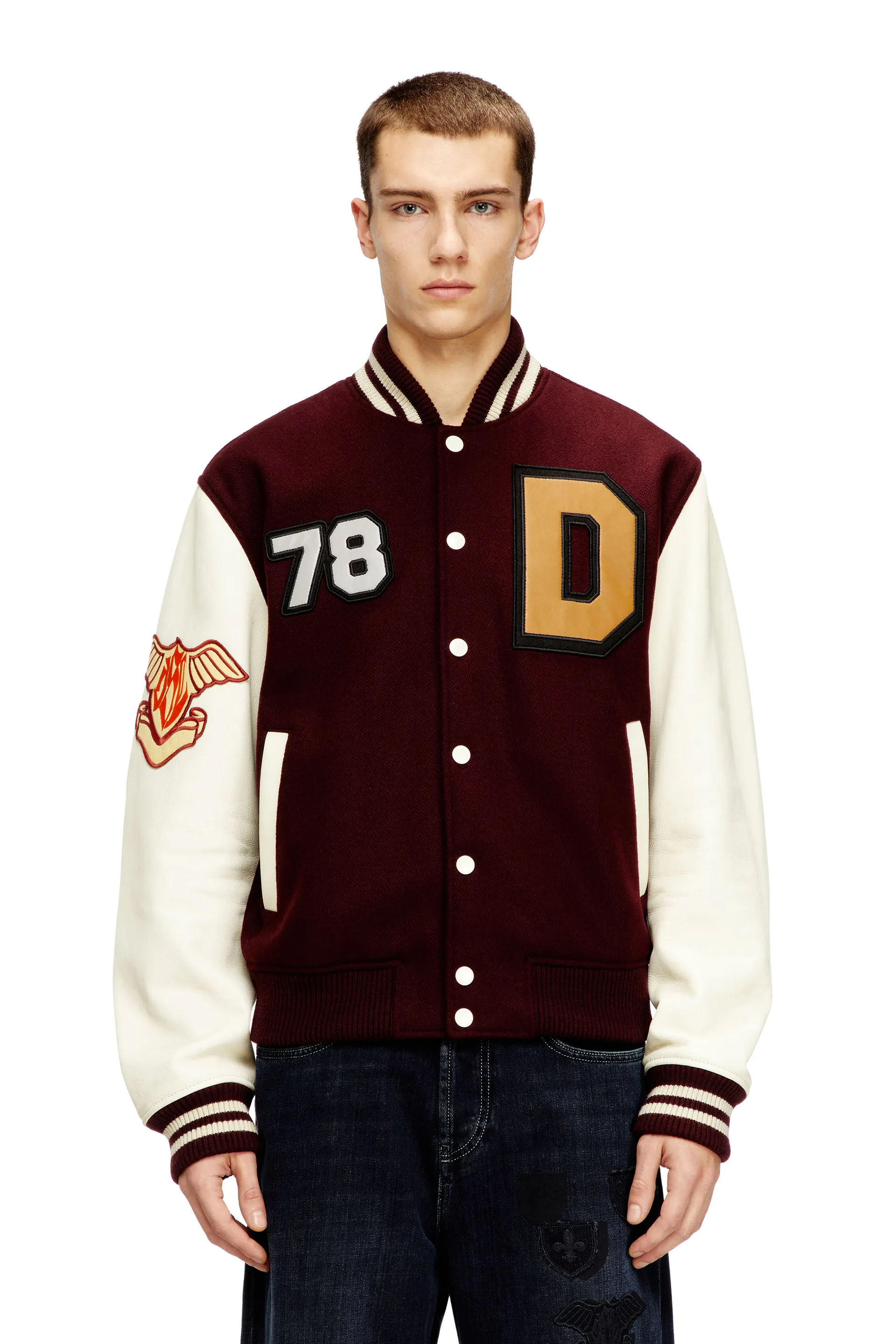 Varsity jacket in wool and leather