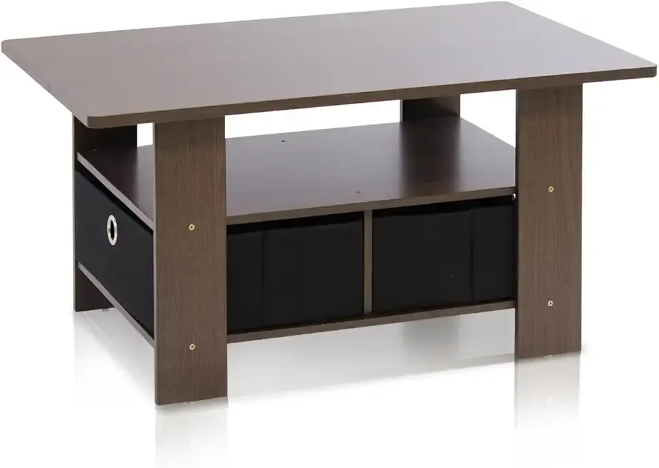 Furinno Coffee Table with Bins, Dark Brown/Black