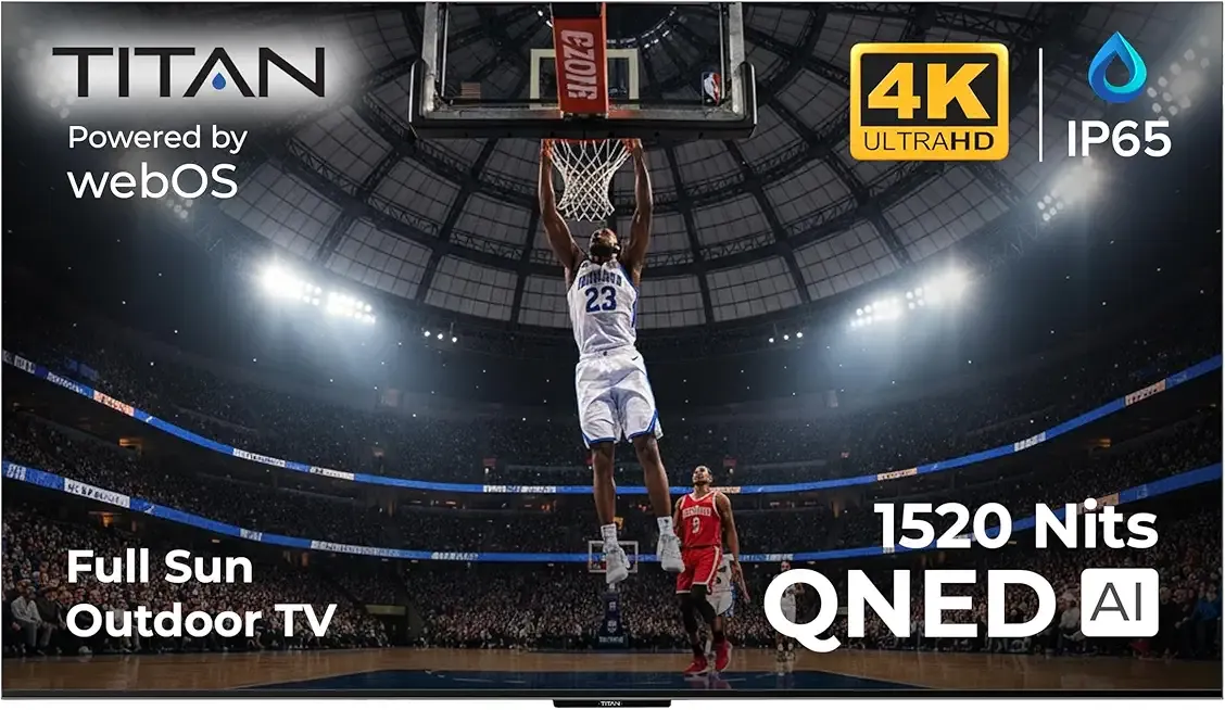 Titan L300 Mini- LED QNED 98 Inch Full Sun Smart Outdoor TV, IP65 Weatherproof, 4K 4K HDR, 120 Hz, Web AI OS, 1520 Nits, Wi-Fi 6E, Dolby Vision, Outdoor TV Cover, Slim Bezel, 2 Yr Wty