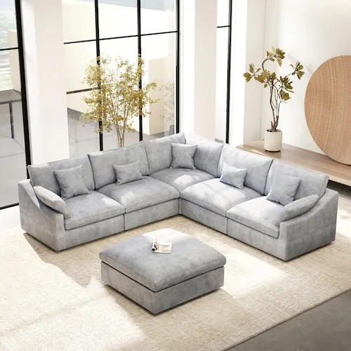 Magic Home Modular Large 238 in. Flared Arm 6-Piece V-Shaped Linen Cloud Couch Sectional Sofa with Ottoman in. Gray