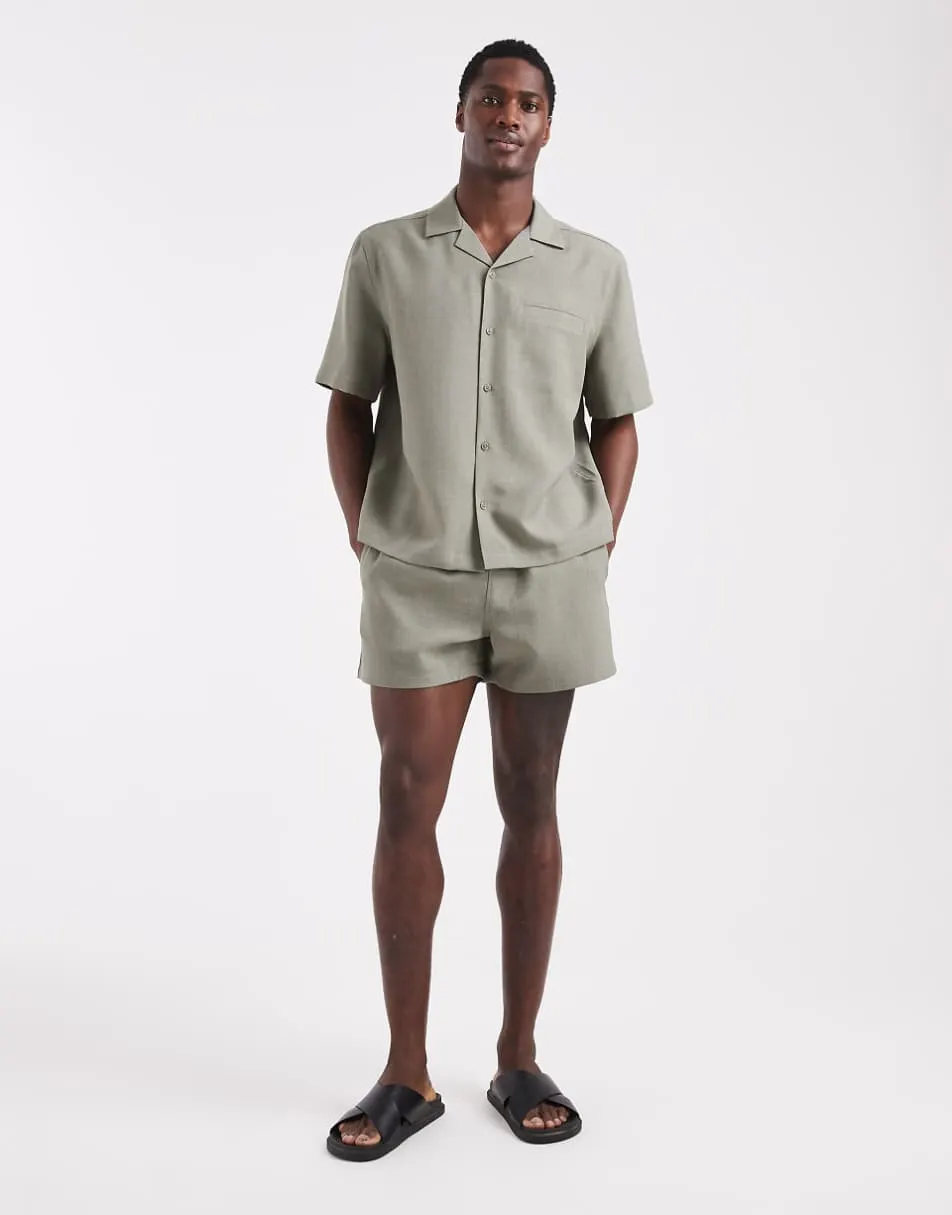 ASOS DESIGN co-ord swim shorts in linen look short length in khaki