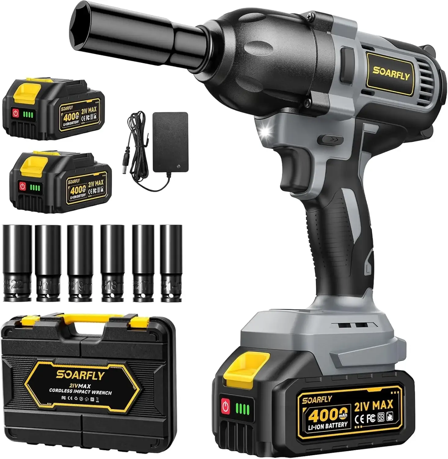 SOARFLY 1/2" Cordless Impact Wrench, 738 Ft-lbs (1000 N.m) Impact Gun | 2x 4.0Ah Batteries, 3 Speed, Brushless Motor, LED Light, 6 Sockets, High Torque Impact Driver for Home Car/Mower/Truck RV