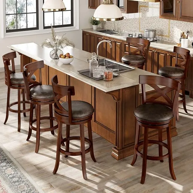 Sophia & William Swivel Bar Stools Set of 6, 30 Inch Bar Height Barstools with Cross Back & Solid Wood Legs, Kitchen Island Bar Chairs, Brown