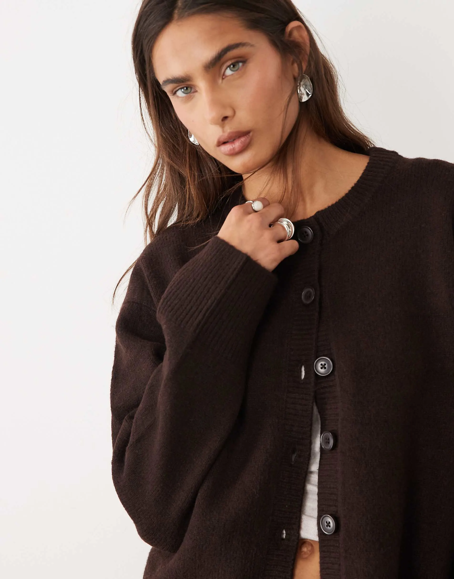 ASOS DESIGN relaxed cardigan with side split detail in chocolate
