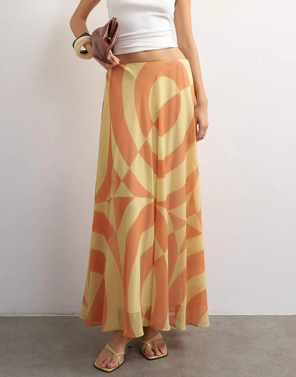 Topshop sheer full circle chiffon midi skirt in orange abstract print