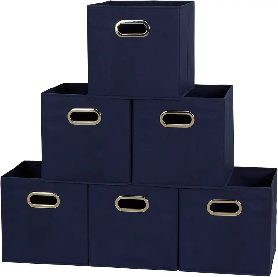 Household Essentials Foldable Fabric Storage Cubes 6-Pack – 11x11x11 Stackable Non-Woven Bins with Chipboard Sides & Grommet Handles – Closet, Shelf, Nursery, or Office Organizer – Navy