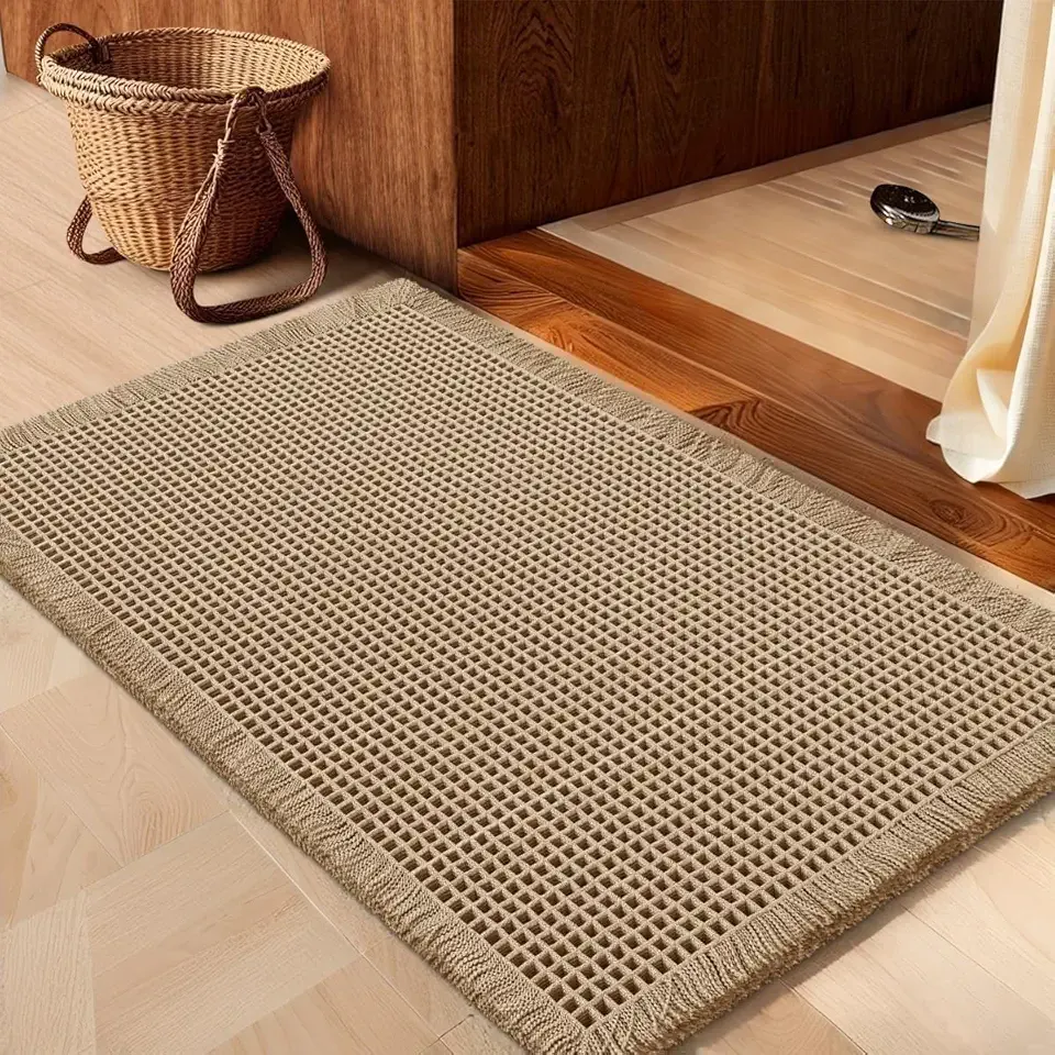 IM HOME Waffle Bath Mat Beige 32"x20", Boho Woven Modern Bath Mat Rugs, Absorbent Non Slip Bathroom Rugs, Soft Washable Bath Rugs with Tassels for Bathroom, Bedroom, Kitchen, Shower, Tub