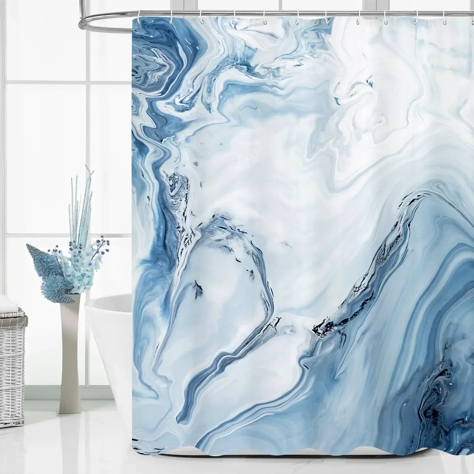 MitoVilla Blue Marble Shower Curtain, Modern Ombre Elegant Fabric Cloth Shower Curtains for Luxury Bathroom Decor, Abstract Chic Summer Watercolor Shower Curtain, 72x72