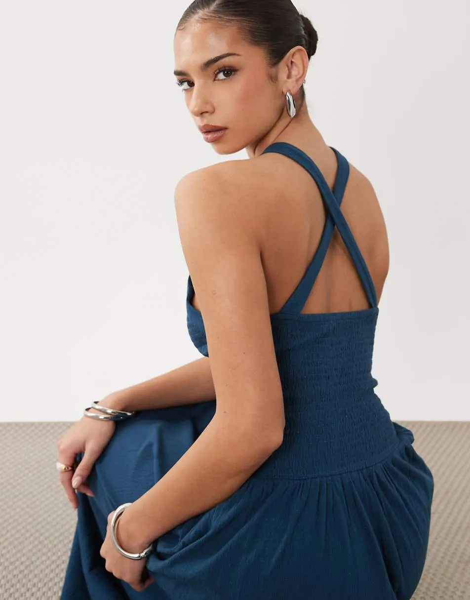 ASOS DESIGN crinkle built up cross back midi dress in navy