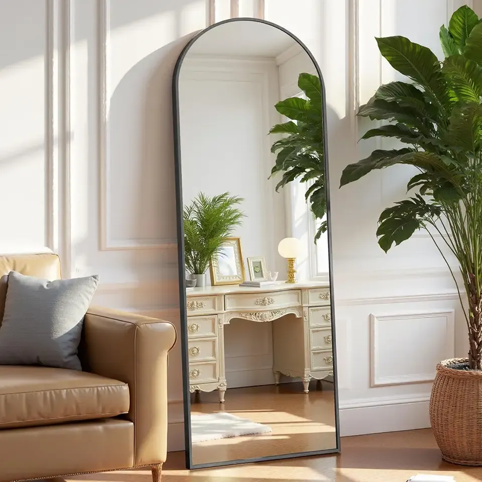 OLIXIS Arched Full Length Mirror 59"x16" for Bedroom, Full Body Mirror with Stand, Hanging or Leaning for Wall, Aluminum Alloy Thin Frame Floor Standing for Living Room, Tall, Black