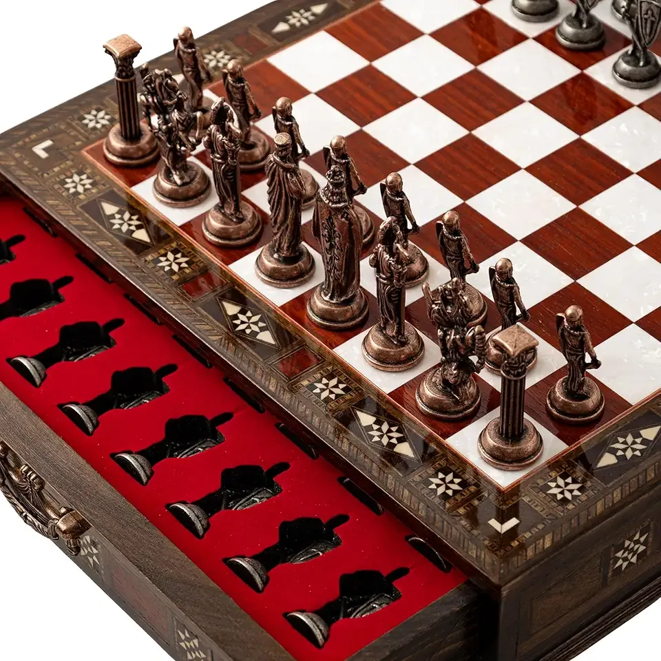 Luxury Wooden Chess Set with Metal British Army Pieces – Handmade Walnut Chess Board with Storage – Decorative Gift for Adults & Father Gift (Rose)
