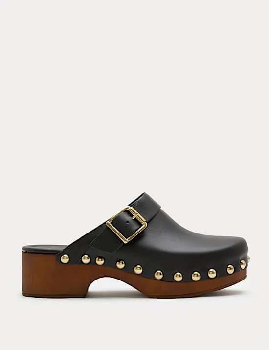 Leather Studded Buckle Block Heel Clogs