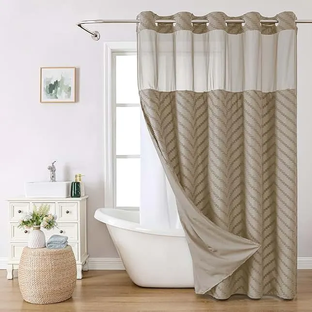 eachope No Hook Boho Farmhouse Shower Curtain with Snap-in Fabric Liner set-71Wx74H(72H),Beige Tufted Chevron Striped Hotel Grade Cloth Shower Curtains for Bathroom with Window,Water Repellent