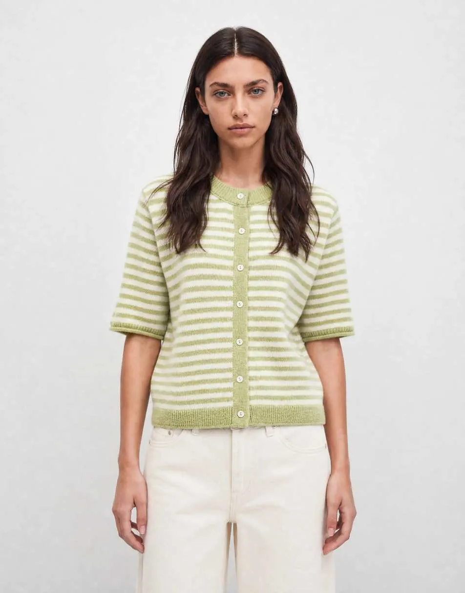 ASOS DESIGN lightweight relaxed short sleeve cardigan in pistachio and white stripe