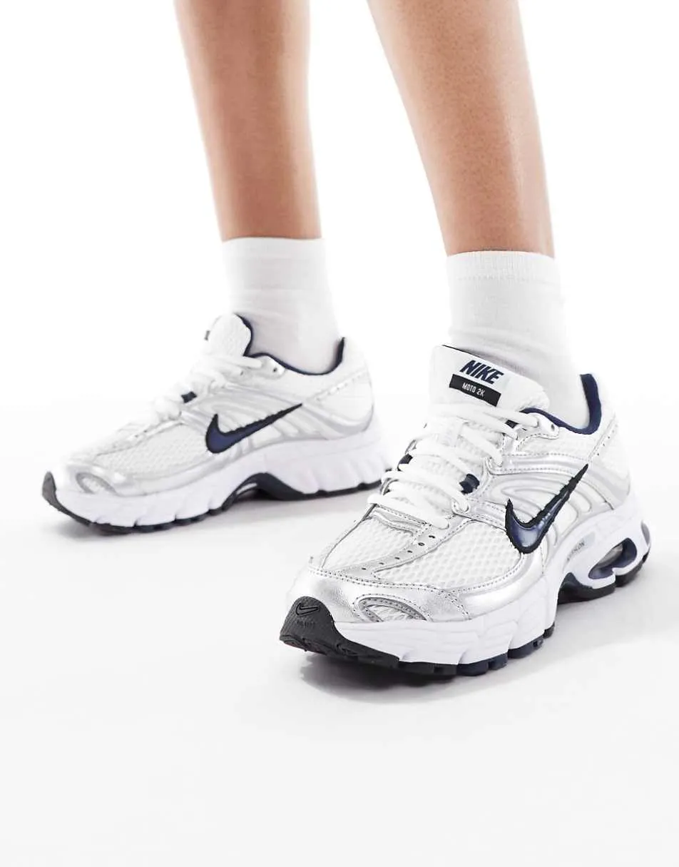 Nike Air Max Moto 2K trainers in white and navy