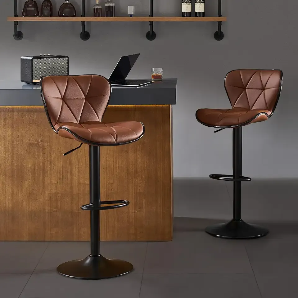 Bar Stools Set of 2, Modern Swivel Counter Height Bar Stools, Adjustable PU Leather Bar Chairs with Backrest, Upholstered Armless Bar Height Stools, Island Chairs for Kitchen Counter, Brown