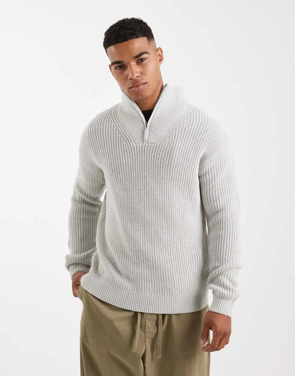 New Look fisherman knit 1/4 zip jumper in grey marl
