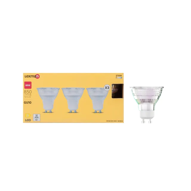 Pack de 3 bombillas LED GU10 850 lúmenes 80W color de la luz blanco cálido 2700K CRI 89-80 luz natural y fiel clase energética D