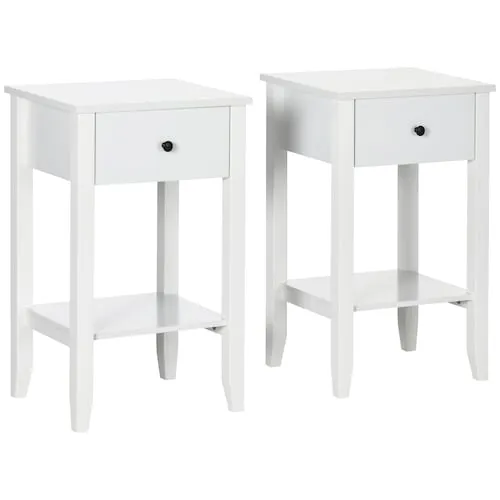 Modern Side Table, 2-tier End Table with Drawer and Bottom Shelf, White