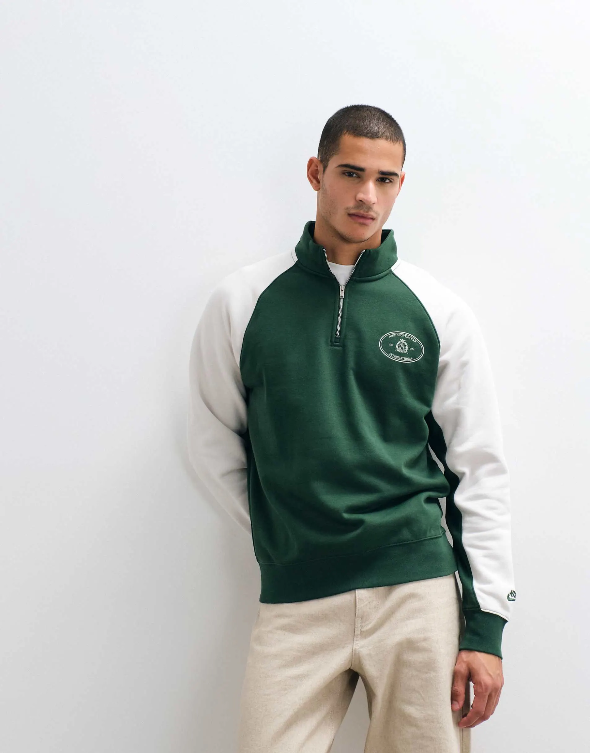 Nike Club NCC 1/4 zip logo sweatshirt in green and off white