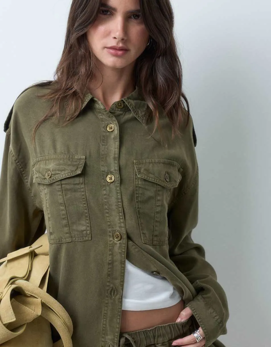 ASOS DESIGN washed utility shirt with pocket detail co-ord in khaki