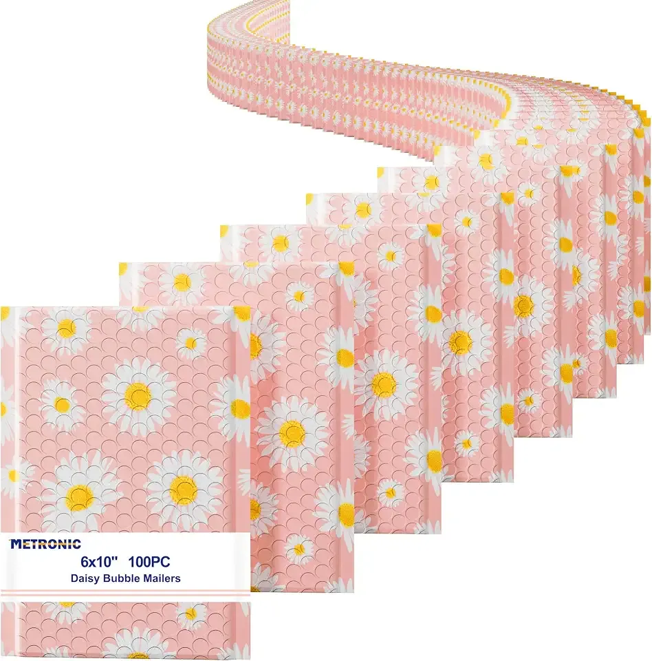 Metronic Bubble Mailers 6x10 Inch 100 Pack Pink Bubble Mailer Fancy Daisy | Usable Size 6x9 Self-Seal Strong Adhesion Padded Envelopes Pretty Padded Mailers for Jewelry, Makeup, Cards, Cute Desin