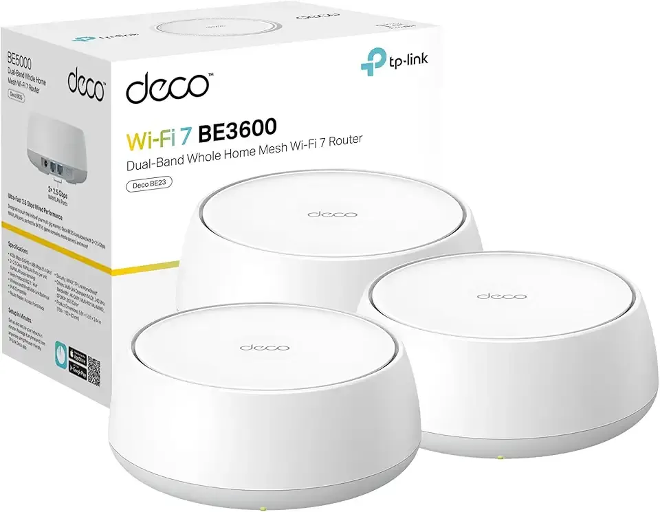TP-Link Deco BE23 Dual-Band BE3600 WiFi 7 Mesh Wi-Fi System | 4-Stream 3.6 Gbps, 160 Mhz | Covers up to 6,500 Sq.Ft | 2× 2.5G Ports Wired Backhaul | VPN,MLO,AI-Roaming, HomeShield, 3-Pack