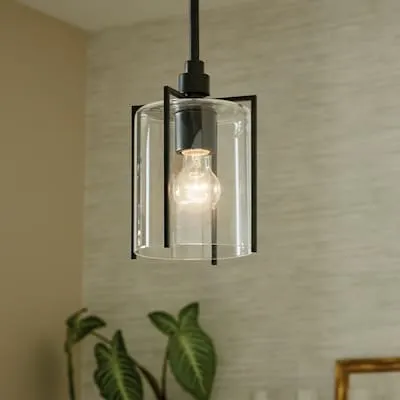 Birk 1 -Light Matte Black Farmhouse Clear glass Cylinder Small Hanging Pendant Light