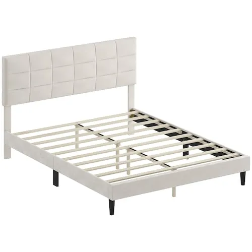 Queen Bed Frame with Headboard Under Bed Storage Wood Slats, Cream White