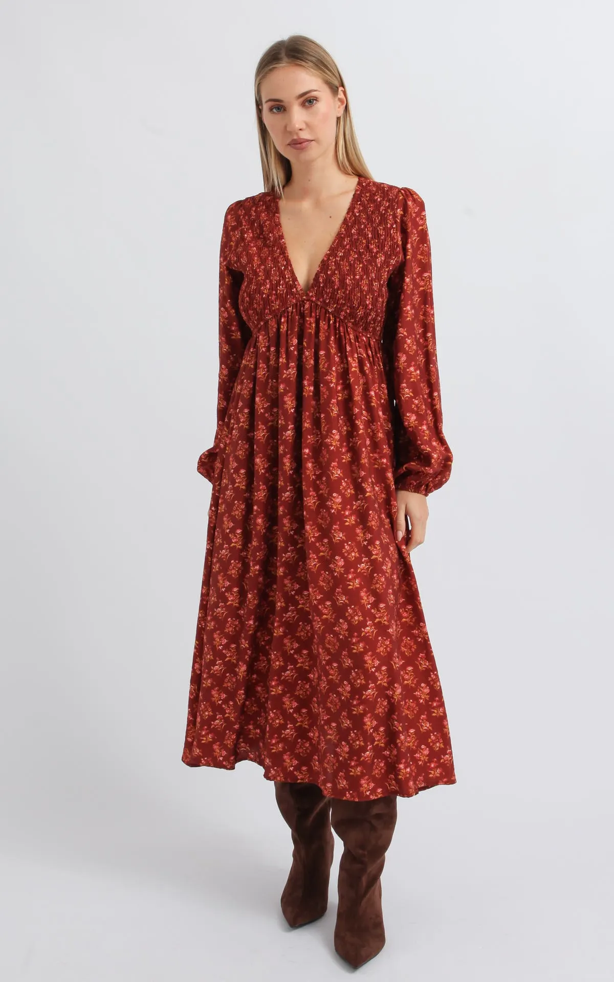 Voile Shirred LS Dress