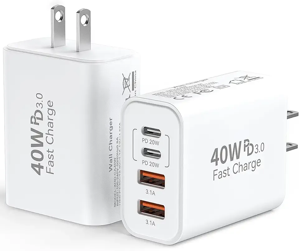 USB C Wall Fast Charger Block, 40W 4-Port Type C Charger Fast Charging Blocks PD Power Charger Adapter+QC 3.0 USB Multiport Charger Brick for iPhone 17/16/15/14/13/12 Pro Max, iPad, Galaxy S25-2Pack