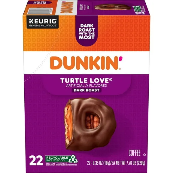 Dunkin Turtle Love Artificially Flavored Coffee, Dark Roast, Keurig K Cup Pods, 22 Count Box $19.20 Was $24.99 $2.47/oz