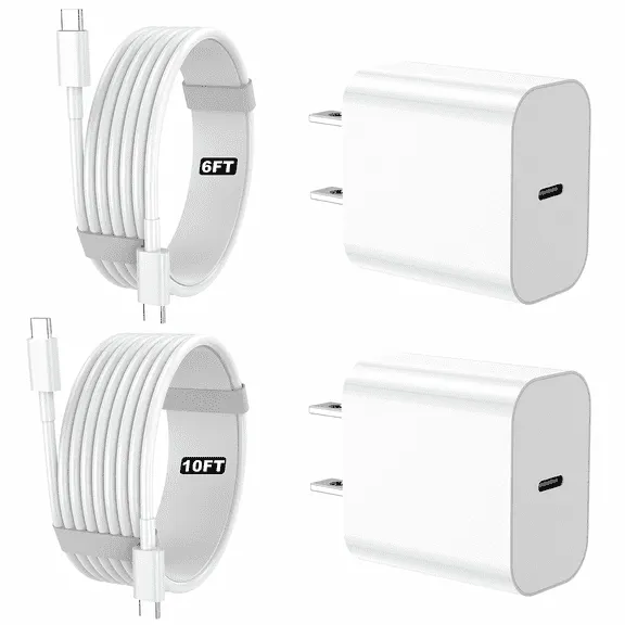 IPhone18 17 16 15 Charger, 2 Pack PD 20W Adapter Wall Fast Charger with 6&10ft White USB C Cable Compatible with iPhone18 17 16/15/ipad and more