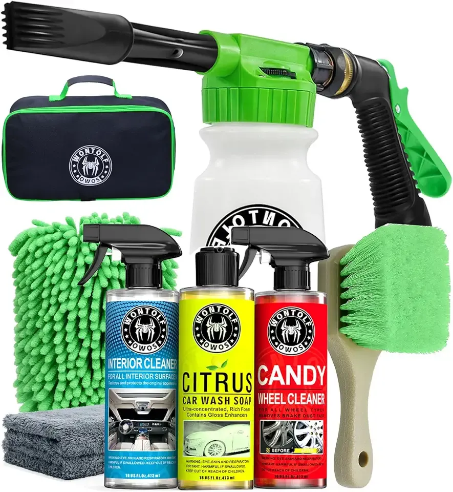 Wontolf CWK188 Car Wash Kit with Foam Gun, Car Wash Soap, Interior Detailer Cleaner, Wheel Cleaner, Car Care Cleaning Detailing Kit for Cars Trucks RVs SUVs Motorcycles (Works w/Garden Hose), 10 Items