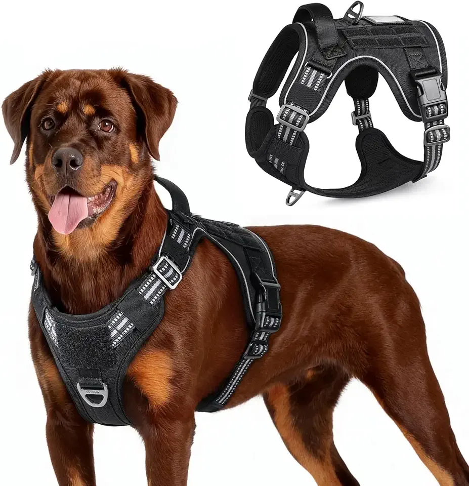 rabbitgoo Tactical Dog Harness for Large Dogs, No Pull Military Service Vest with Handle & Molle, Easy Control for Training Walking, Adjustable Reflective Straps, Black, L