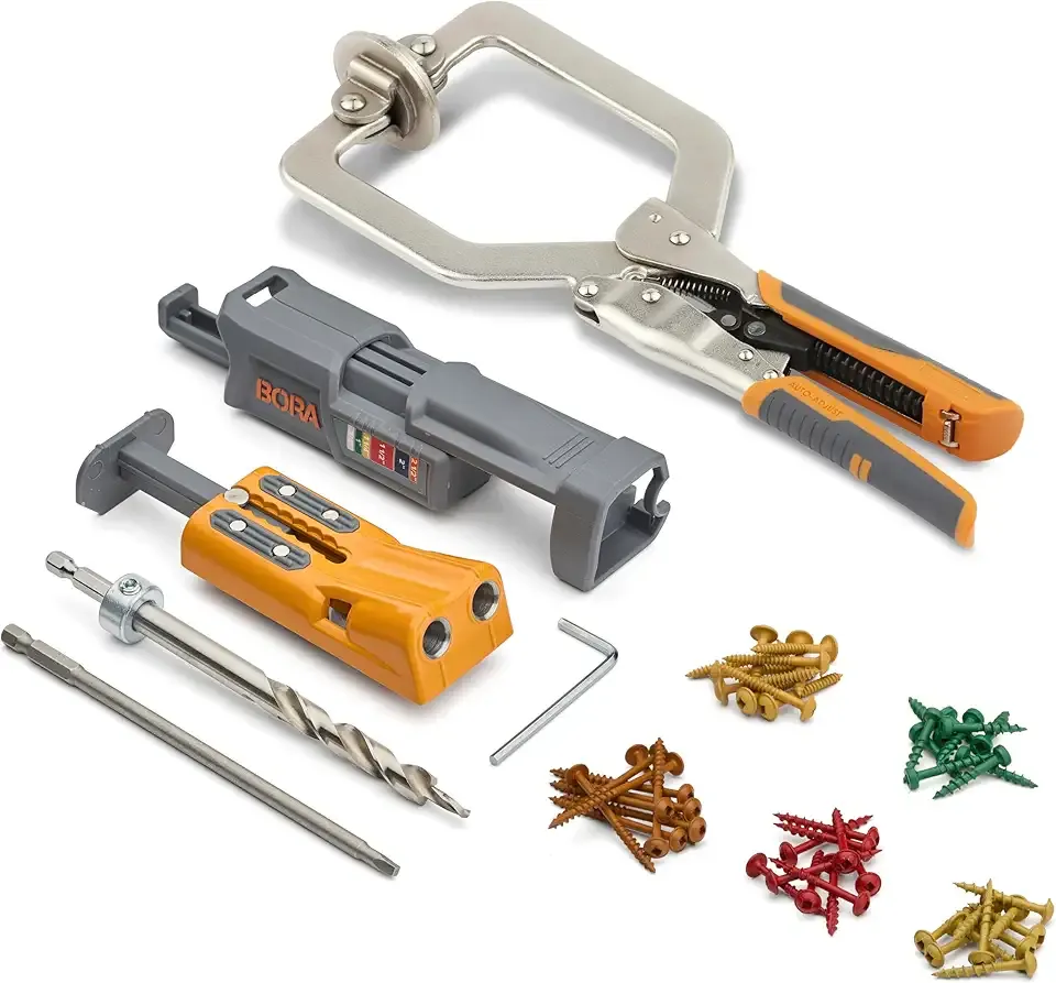 BORA Pro Compact Pocket Hole Jig, 3 inch Face Clamp, & 50pc Screw Set, Auto Adjust Drill Guide, Durable Pocket Hole Jig Kit for Woodworking & Tight Spaces - For Materials 1/2 inch to 1-1/2 inch Thick