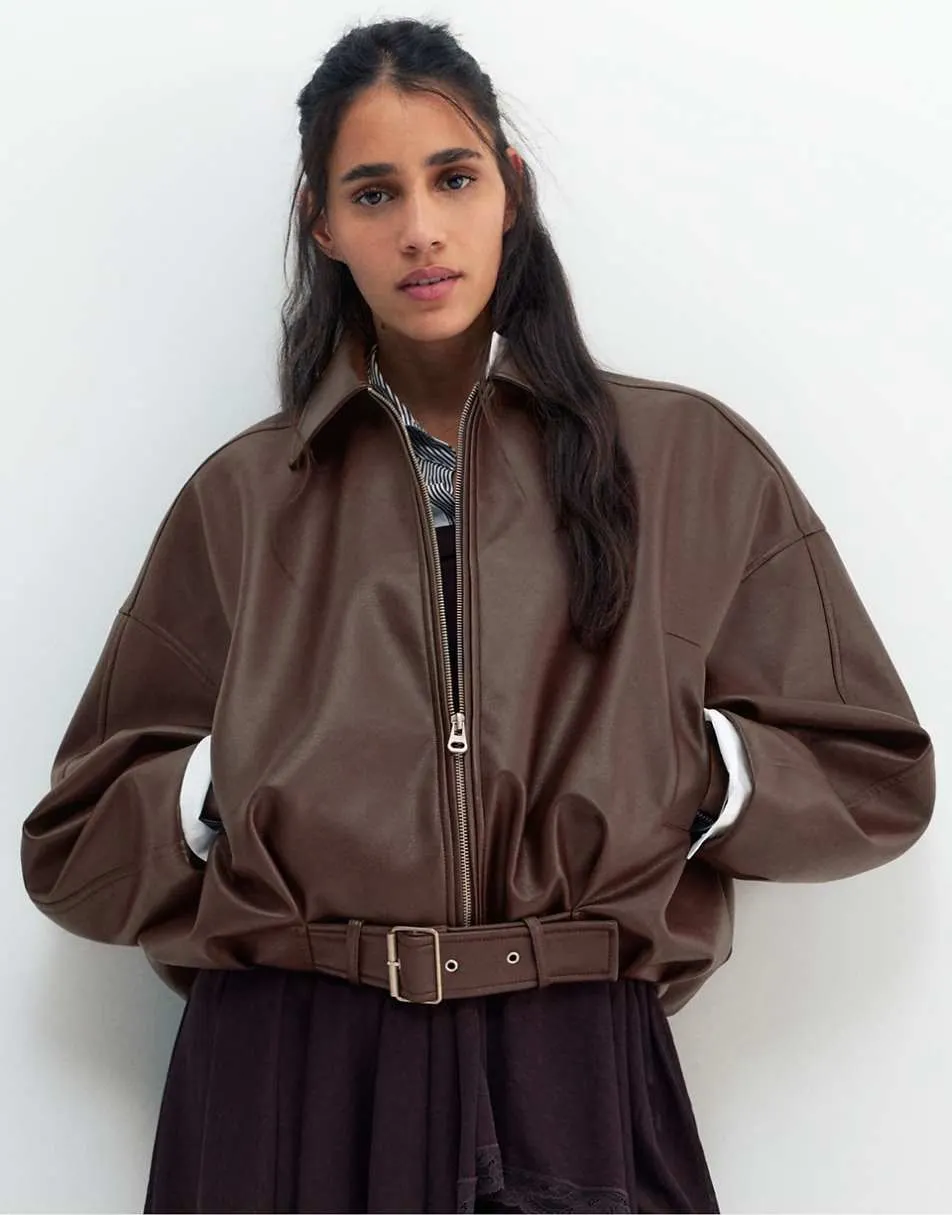Pull&Bear Leather effect balloon bomber jacket in chocolate
