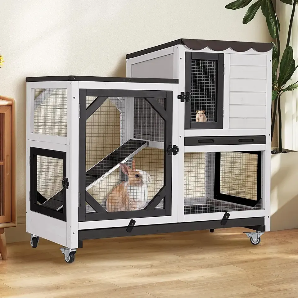 Rabbit Hutch 2-Story Wooden Bunny Cage with 2 Leak-Proof Sliding Trays, Chew-Proof Metal Mesh, Rainproof Cover, Indoor & Outdoor Guinea Pig House with Wheels - Black and White