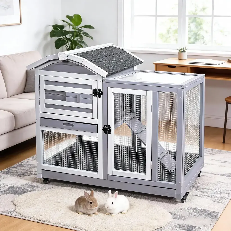 GEGURI Wooden Rabbit Hutch, Indoor Outdoor Chicken Coop Bunny Cage with Waterproof Roof